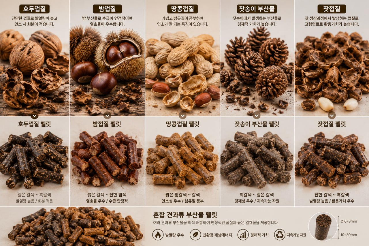 호두껍질·밤껍질·땅콩껍질·잣송이 부산물·잣껍질과 각각의 펠릿 비교